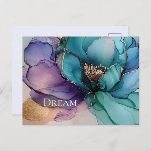 アクアブルーパープル金ゴールドフローラ ポストカード (正面/裏面)
