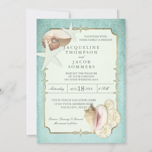 アクアブルービーチ海シェルサンドフェイク金ゴールド結婚ズ 招待状 (正面)