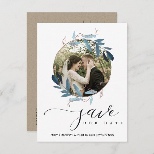 アクアブルーピンクの葉リース保存写真 案内ポストカード (正面/裏面)