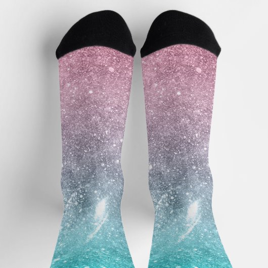 アクアブルーピンクグラデーションシー銀河系抽象芸術 ソックス (上部)