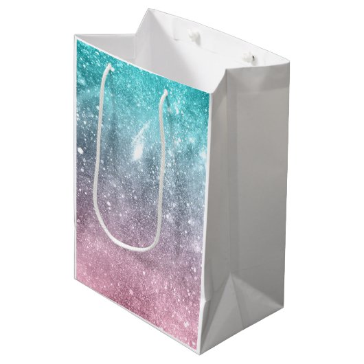 アクアブルーピンクグラデーションシー銀河系抽象芸術 ミディアムペーパーバッグ (正面アングル)