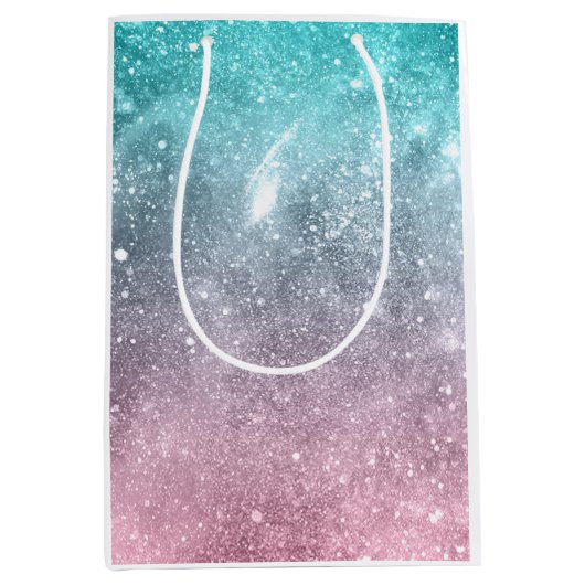 アクアブルーピンクグラデーションシー銀河系抽象芸術 ミディアムペーパーバッグ (正面)