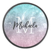 アクアブルーピンクシーグラデーション銀河系抽象芸術モノグラム アイスホッケーパック (正面)