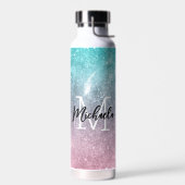 アクアブルーピンクシーグラデーション銀河系抽象芸術モノグラム ウォーターボトル (左面)