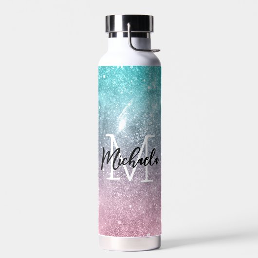 アクアブルーピンクシーグラデーション銀河系抽象芸術モノグラム ウォーターボトル (左面)