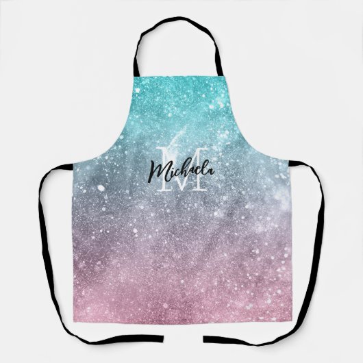 アクアブルーピンクシーグラデーション銀河系抽象芸術モノグラム エプロン (正面)