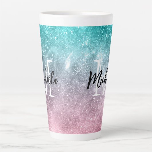 アクアブルーピンクシーグラデーション銀河系抽象芸術モノグラム カフェラテマグ (正面)