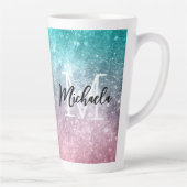 アクアブルーピンクシーグラデーション銀河系抽象芸術モノグラム カフェラテマグ (右)