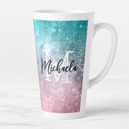 アクアブルーピンクシーグラデーション銀河系抽象芸術モノグラム カフェラテマグ (右)