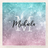 アクアブルーピンクシーグラデーション銀河系抽象芸術モノグラム ガラスコースター (正面)