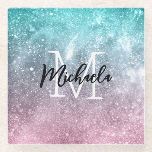 アクアブルーピンクシーグラデーション銀河系抽象芸術モノグラム ガラスコースター (正面)