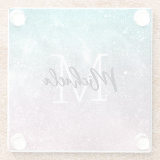 アクアブルーピンクシーグラデーション銀河系抽象芸術モノグラム ガラスコースター (裏面)