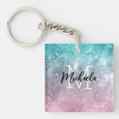 アクアブルーピンクシーグラデーション銀河系抽象芸術モノグラム キーホルダー (正面)