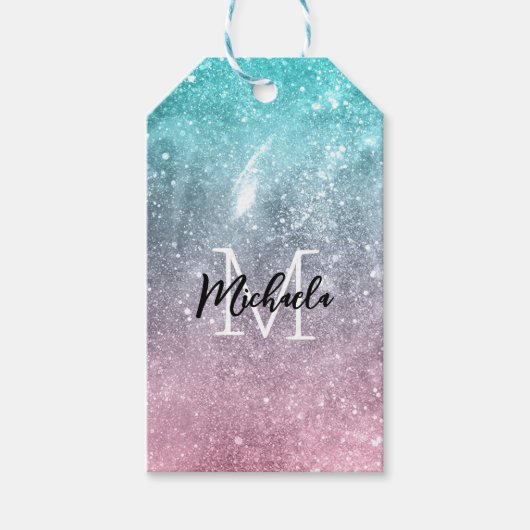 アクアブルーピンクシーグラデーション銀河系抽象芸術モノグラム ギフトタグ (正面)