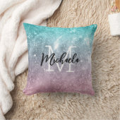 アクアブルーピンクシーグラデーション銀河系抽象芸術モノグラム クッション (ブランケット)