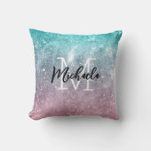 アクアブルーピンクシーグラデーション銀河系抽象芸術モノグラム クッション (正面)
