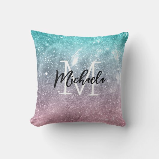アクアブルーピンクシーグラデーション銀河系抽象芸術モノグラム クッション (正面)
