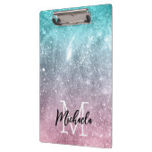 アクアブルーピンクシーグラデーション銀河系抽象芸術モノグラム クリップボード (左)