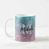 アクアブルーピンクシーグラデーション銀河系抽象芸術モノグラム コーヒーマグカップ (左)