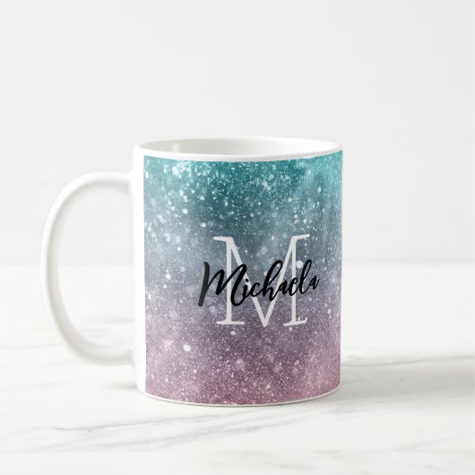 アクアブルーピンクシーグラデーション銀河系抽象芸術モノグラム コーヒーマグカップ (左)