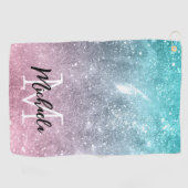 アクアブルーピンクシーグラデーション銀河系抽象芸術モノグラム ゴルフタオル (横)