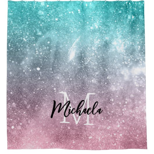 アクアブルーピンクシーグラデーション銀河系抽象芸術モノグラム シャワーカーテン (正面)