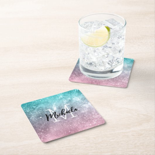 アクアブルーピンクシーグラデーション銀河系抽象芸術モノグラム スクエアペーパーコースター (インサイチュ)