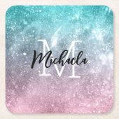 アクアブルーピンクシーグラデーション銀河系抽象芸術モノグラム スクエアペーパーコースター (正面)