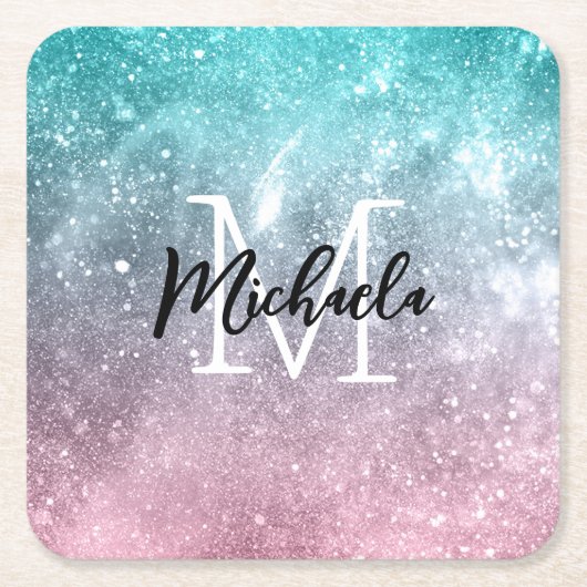 アクアブルーピンクシーグラデーション銀河系抽象芸術モノグラム スクエアペーパーコースター (正面)