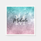 アクアブルーピンクシーグラデーション銀河系抽象芸術モノグラム スタンダードカクテルナプキン (正面)