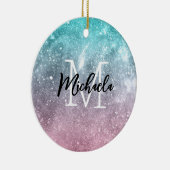 アクアブルーピンクシーグラデーション銀河系抽象芸術モノグラム セラミックオーナメント (右)