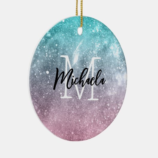 アクアブルーピンクシーグラデーション銀河系抽象芸術モノグラム セラミックオーナメント (右)