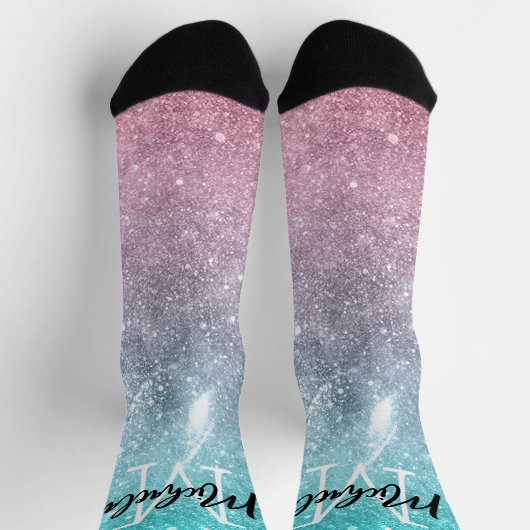 アクアブルーピンクシーグラデーション銀河系抽象芸術モノグラム ソックス (上部)