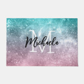 アクアブルーピンクシーグラデーション銀河系抽象芸術モノグラム ドアマット (正面)