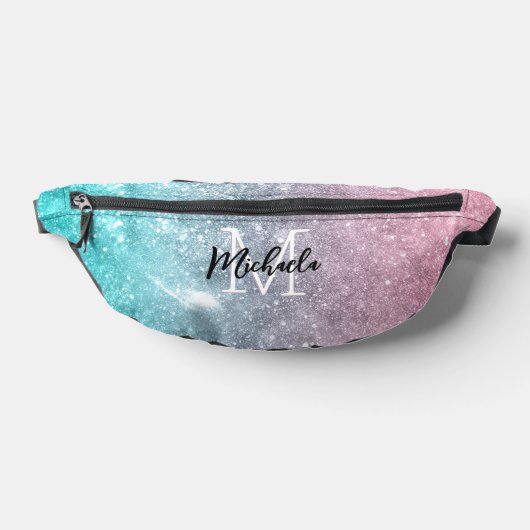 アクアブルーピンクシーグラデーション銀河系抽象芸術モノグラム ファニーパック (レイダウン)