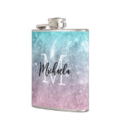 アクアブルーピンクシーグラデーション銀河系抽象芸術モノグラム フラスク (左)