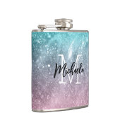 アクアブルーピンクシーグラデーション銀河系抽象芸術モノグラム フラスク (右)