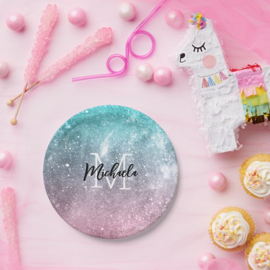 アクアブルーピンクシーグラデーション銀河系抽象芸術モノグラム ペーパープレート (パーティー)