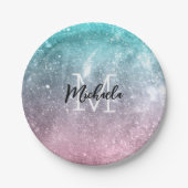 アクアブルーピンクシーグラデーション銀河系抽象芸術モノグラム ペーパープレート (正面)