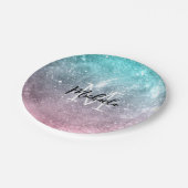 アクアブルーピンクシーグラデーション銀河系抽象芸術モノグラム ペーパープレート (アングル)