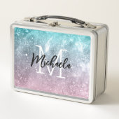 アクアブルーピンクシーグラデーション銀河系抽象芸術モノグラム メタルランチボックス (正面)