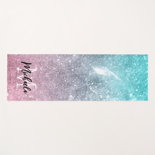 アクアブルーピンクシーグラデーション銀河系抽象芸術モノグラム ヨガマット (正面(横))