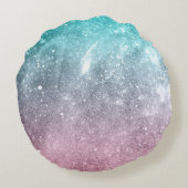 アクアブルーピンクシーグラデーション銀河系抽象芸術モノグラム ラウンドクッション (裏面)
