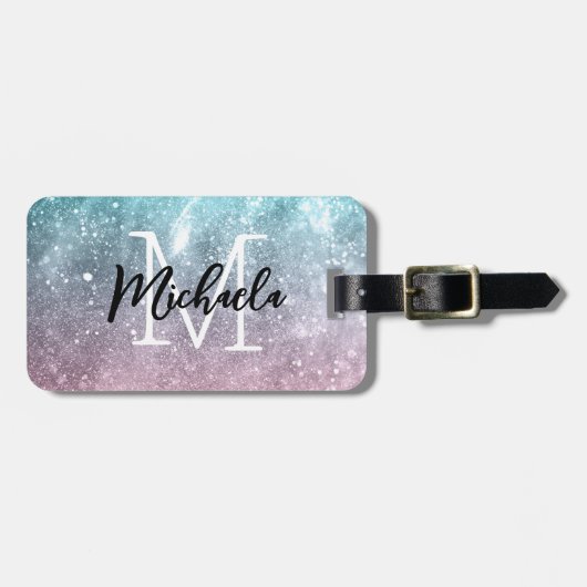 アクアブルーピンクシーグラデーション銀河系抽象芸術モノグラム ラゲッジタグ (正面横)