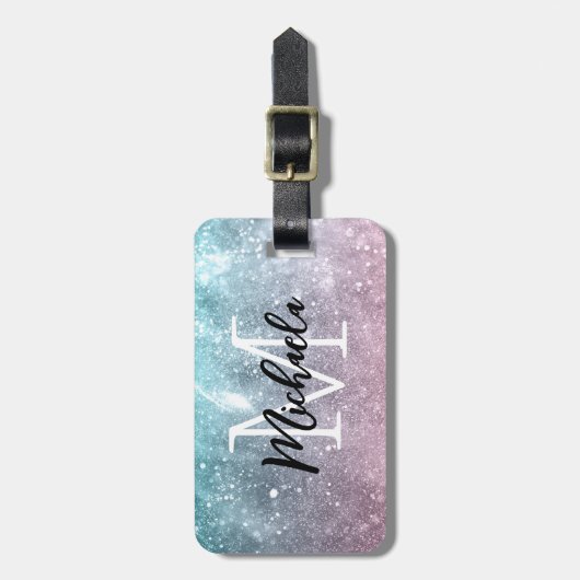 アクアブルーピンクシーグラデーション銀河系抽象芸術モノグラム ラゲッジタグ (正面縦)