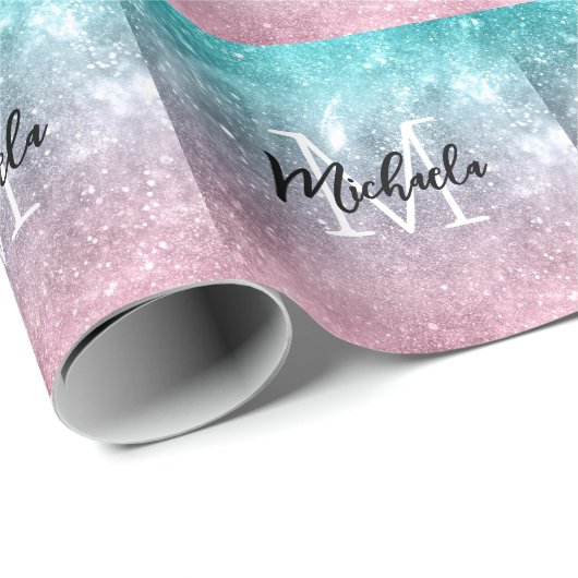 アクアブルーピンクシーグラデーション銀河系抽象芸術モノグラム ラッピングペーパー (ロールコーナー)
