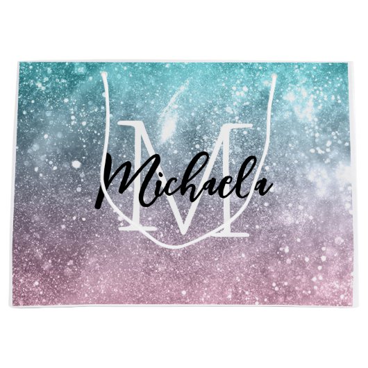 アクアブルーピンクシーグラデーション銀河系抽象芸術モノグラム ラージペーパーバッグ (正面)