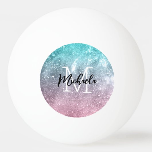 アクアブルーピンクシーグラデーション銀河系抽象芸術モノグラム 卓球ボール (裏面)