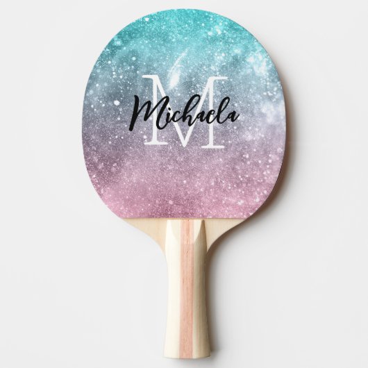 アクアブルーピンクシーグラデーション銀河系抽象芸術モノグラム 卓球ラケット (正面)