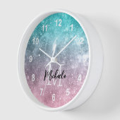 アクアブルーピンクシーグラデーション銀河系抽象芸術モノグラム 壁時計 (傾斜)